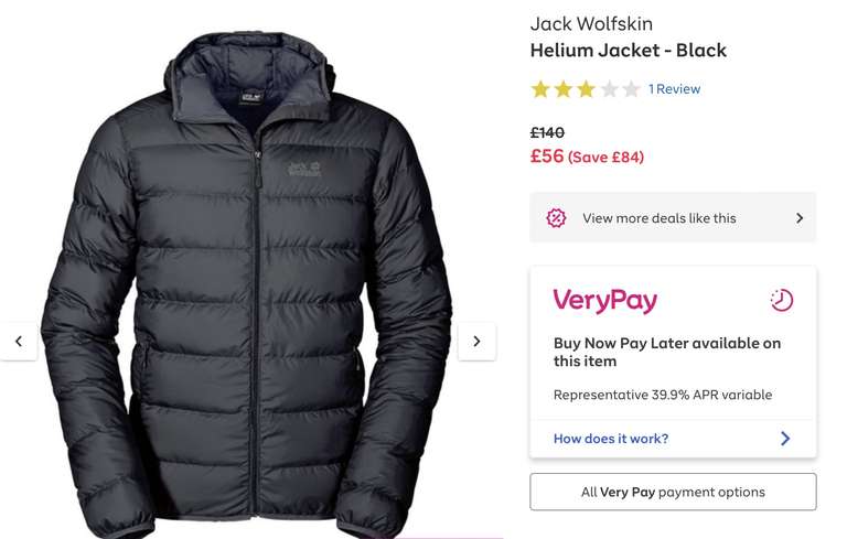 Men’s Jack Wolfskin Helium Jacket - Black, Down, now £56 With Free Click & Collect @ Very