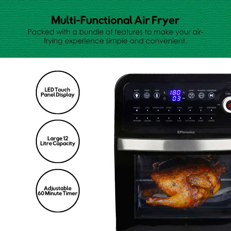 EMtronics EMAFO12LD 12L Oven Combi (Rotisserie) Digital Air Fryer with Timer - Black £64.39 With Code (UK Mainland) @ electric_mania / eBay