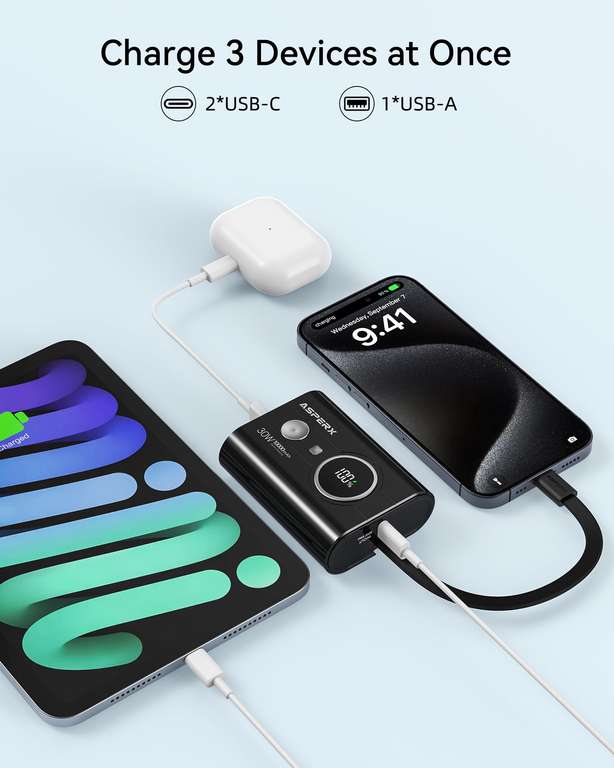 AsperX Power Bank with Built in Cable, 30W Fast Charging Portable Charger with 2 USB-C, 1 USB-A, 10000mAh Sold by JIAHONGJING STORE FBA