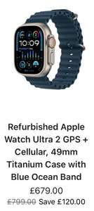 Refurbished Apple Watch Ultra 2 GPS + Cellular, 49mm Titanium Case with Blue Ocean Band