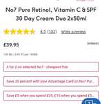 Offers stacking- 3 x No7 Pure Retinol vit C 100ml (3 for 2, 20% off with advantage card, save £10 on £50 spend, 10% student discount)