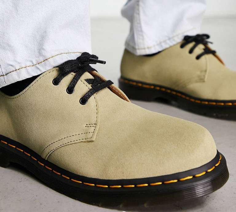 Men's Dr Martens 1461 3 eye shoes in pale olive suede with code