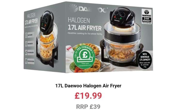 17L Daewoo Halogen Air Fryer (+ 3 Year Warranty when you register with Mfr)