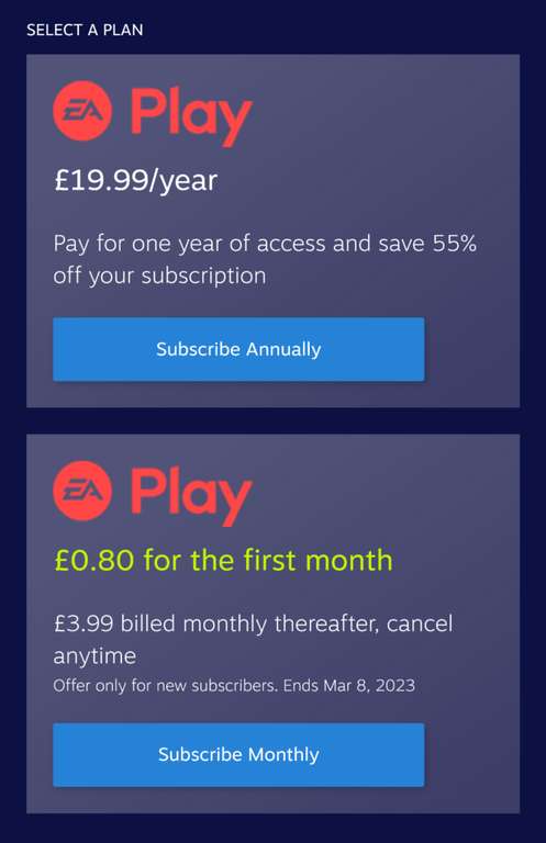 EA PLAY Subscription (1ST MONTH) - 80p for new Members / £19.99 (YEAR) @ Steam