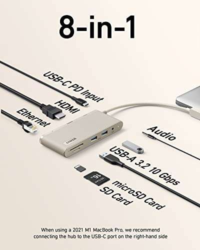 Anker USB C Hub, 655 USB-C Hub (8-in-1), with 2 USB-A Data Ports, 100W PD, 4K HDMI, 1 Gbps Ethernet Sold by AnkerDirect UK / FBA