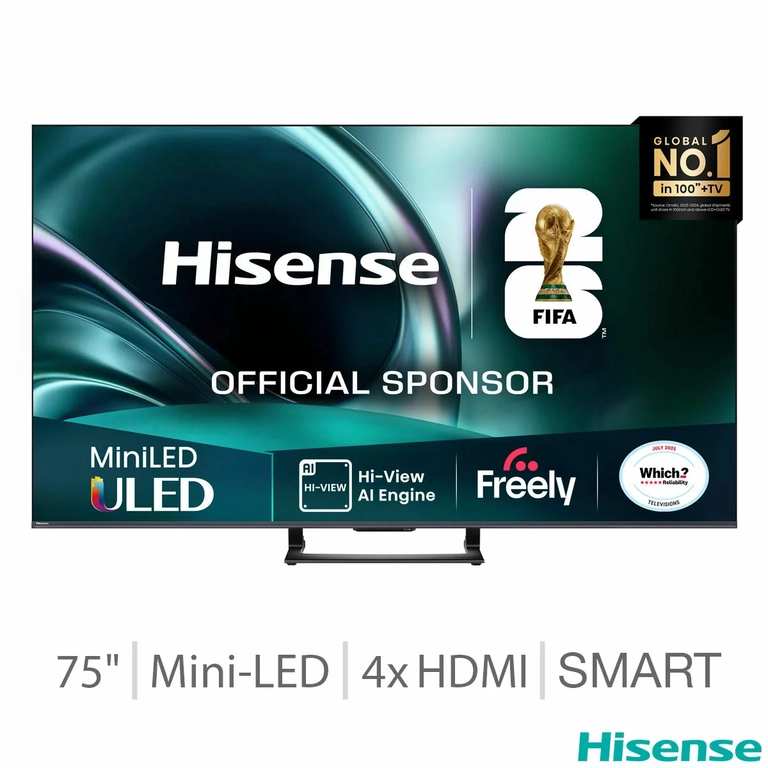 Hisense 75U7QTUK 75 Inch Mini LED HD Smart TV 5 Year Warranty - Claim A Free Hisense 40 Inch QLED Smart Freely TV