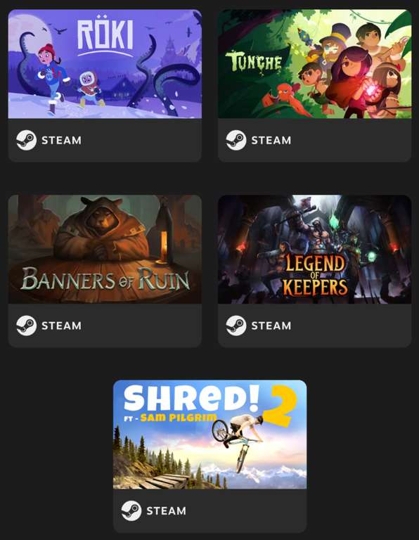 [PC-Steam] Showcase Bundle 2 - 5 Games (Röki / Banners of Ruin / Legend of Keepers / Tunche / Shred! 2) - PEGI 16-18 - price with code