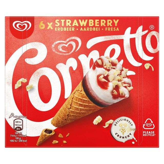 Cornetto Strawberry Ice Cream Cones 6 x 90ml £2.25 @ Ocado