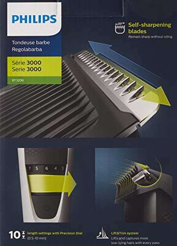 Philips Beardtrimmer 3000 Series, Beard Trimmer with Lift & Trim Technology (model BT3206/14)"