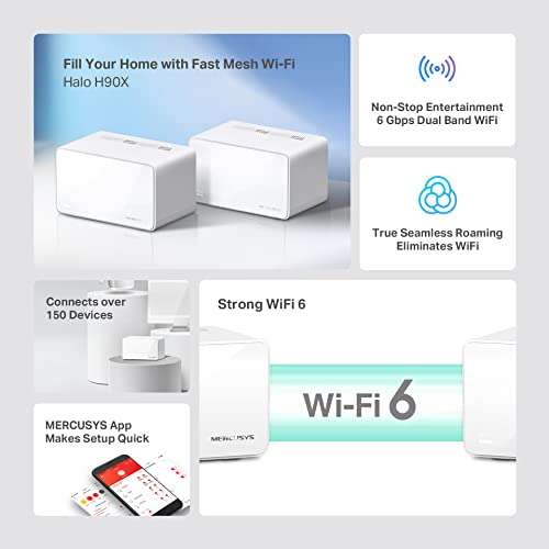 Mercusys AX6000 Whole Home Mesh Wi-Fi 6 System, 1024-QAM, 2.5 Gbps Multi-Gig Ports, Dual Band Wi-Fi, Halo H90X (3-pack)