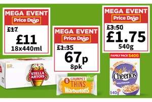 Asda Mega Drop Event 29/2 - Stella 18 X 440ml £11, Cheerios 540g £1.75, Warburton Thins 8 Pack 67p