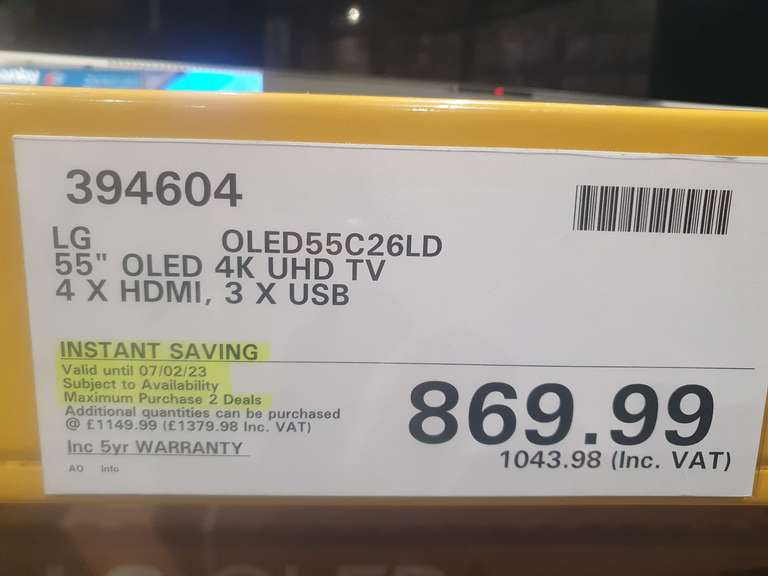 LG OLED 55 Inch C2 - £1043.98 instore @ Costco (Milton Keynes)