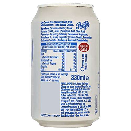 Pepsi Diet Cola Cans, 24 x 330ml (£7.20 S&S + 20% Voucher on 1st S&S)