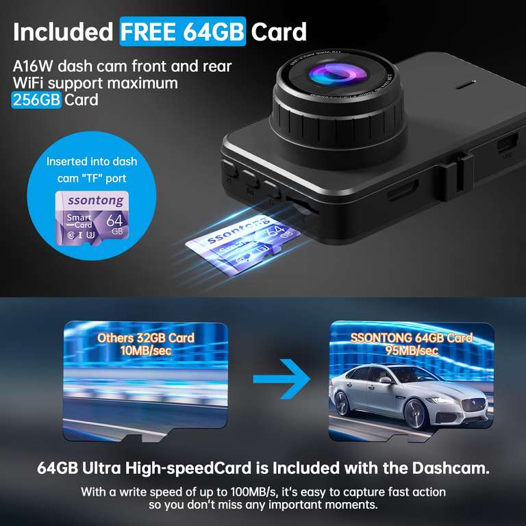 Dash Cam Front and Rear, Dashcam WiFi/APP Control - With 64GB SD Card, 2.5K Front + 1080P Rear - W/ Voucher Sold by ssontong dash cam / FBA