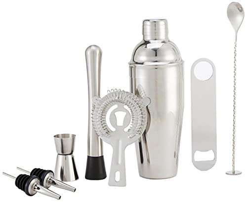 Amazon Basics 8-Piece Stainless Steel Bar Tool Set w/ 710-ml Shaker, Jigger, Strainer, Muddler