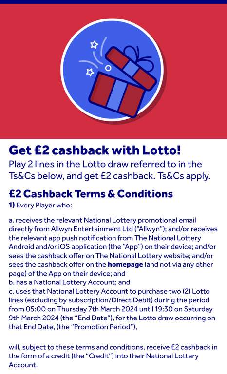 £2 Cashback When You Purchase 2 Lines of Lotto (Selected Accounts)