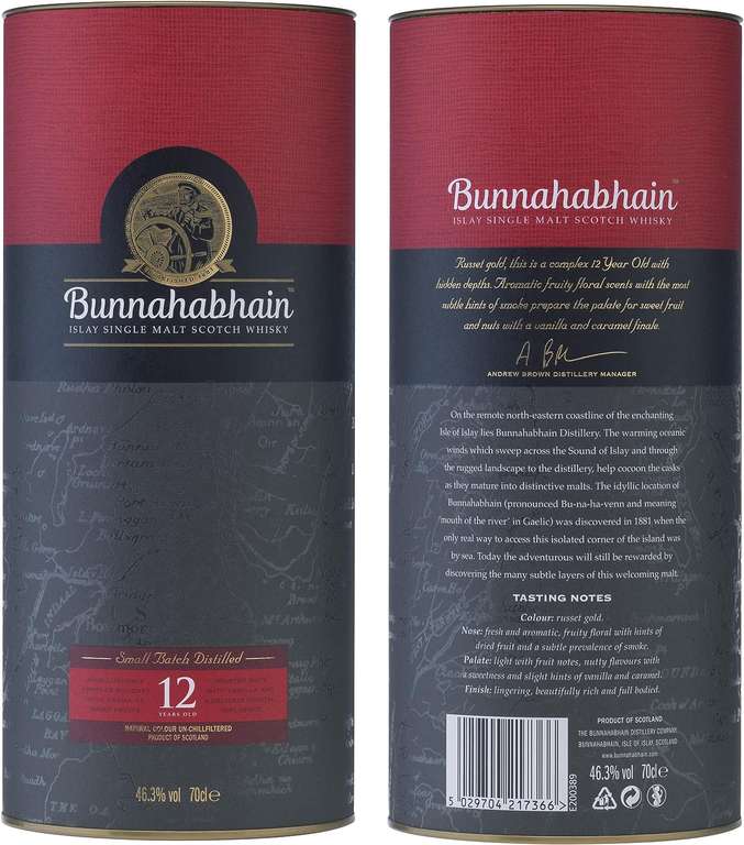 Bunnahabhain 12 Single Malt Whisky 70CL 46% ABV - (Or £36.83 With S&S)