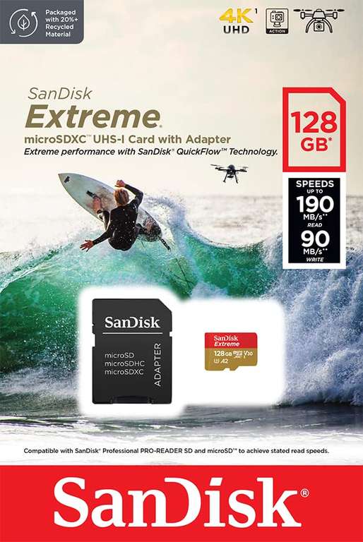 Carte MicroSD SanDisk Extreme 128 Go - Parfaite Pour Drones Et Caméras D'action Avec Vitesses Ultra-rapides