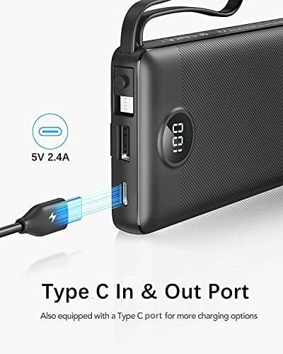 VRURC 10000mAh Power Bank With Built in Cables,USB C Battery Pack Portable Charger with 5 Outputs 2 Inputs - Sold by VRURC-UK / FBA