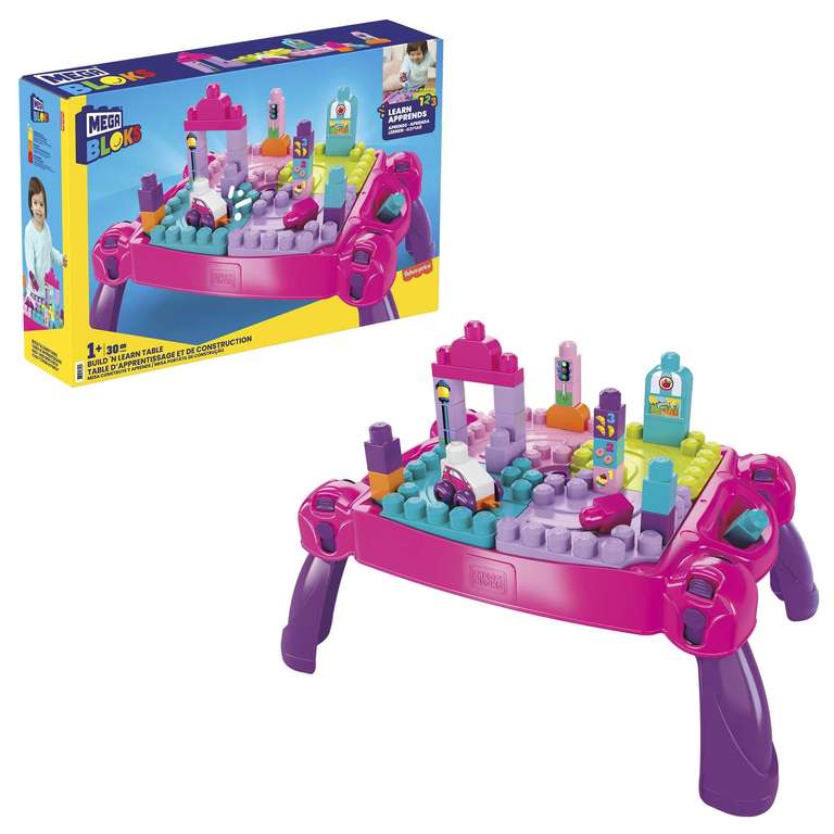 MEGA BLOKS Fisher-Price Toddler Building Blocks, Build n Learn Activity Table with 30 Pieces and Storage