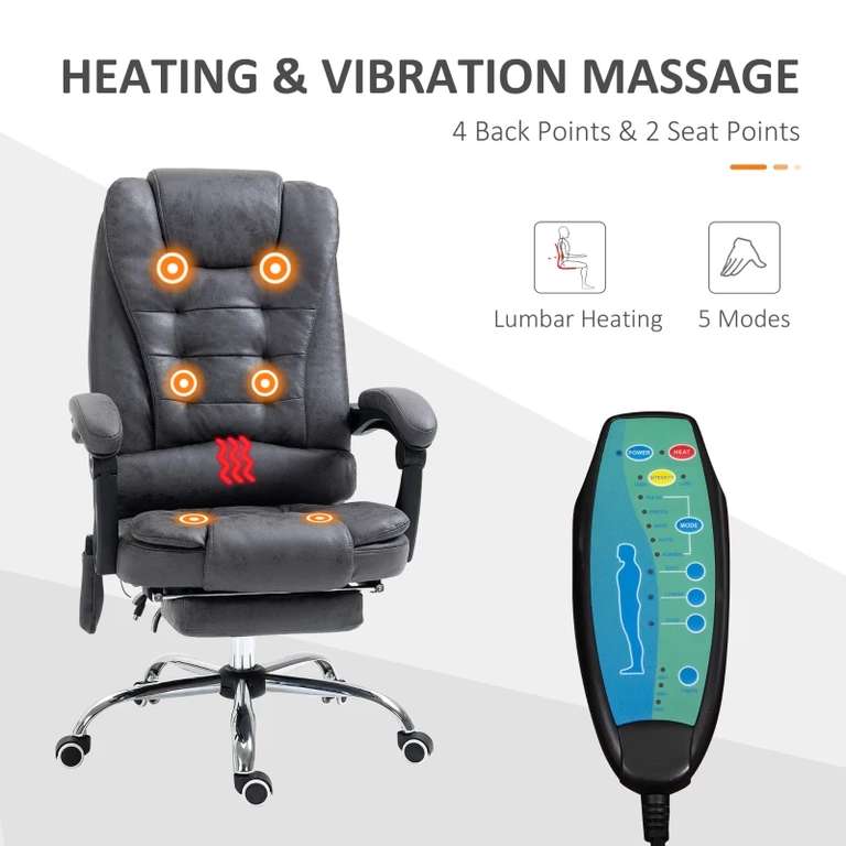 Heated Vibration Massage Recliner Office/Desk Chair With Footrest Grey With Code