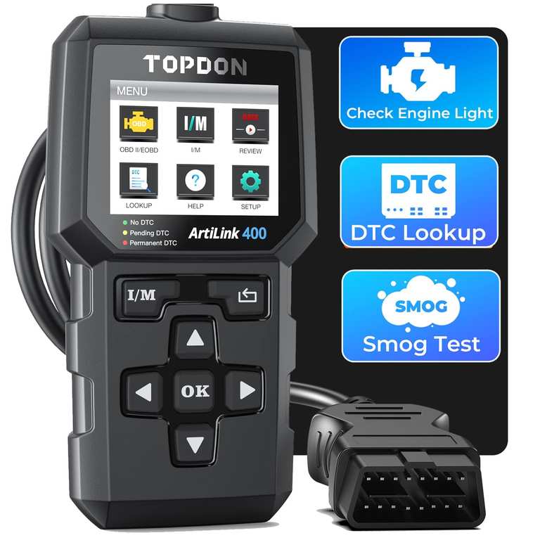 TOPDON AL400-A OBD2 Code Reader, 10 OBD2 Functions, Check Engine Light/Smog Emission Test / 02 Sensor Test/EVAP, Free Lifetime Update