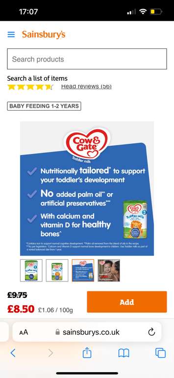 Cow & Gate Growing Up Milk 3 from 12-24 Months 800g £8.50 @ Sainsbury's