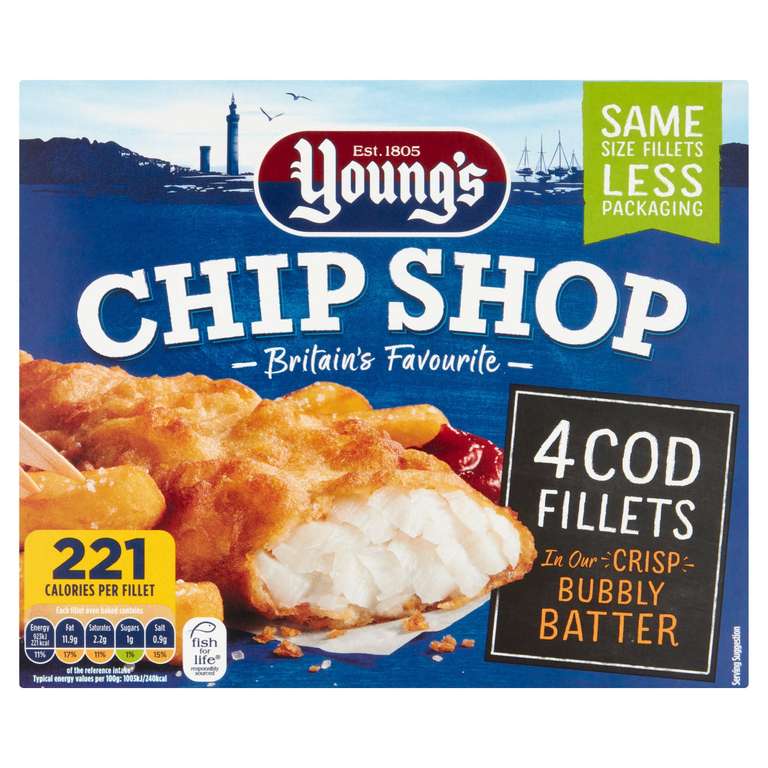 Youngs Chip Shop 4 Cod Fillets 3 for £10 or £5 each - Online Exclusive