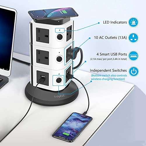 Extension Tower with USB 10 Way Switched with Wireless Charger 5M Cord Overload Protection £17.99 sold by ETIER Trade & fulfilled by Amazon