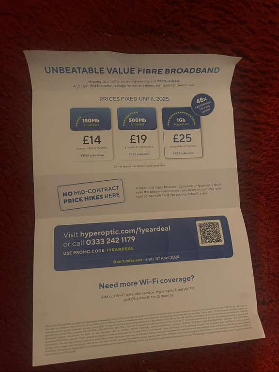 Hyperoptic Fibre 500mb Broadband - 1 year for £19 per month (No Activation Fee)