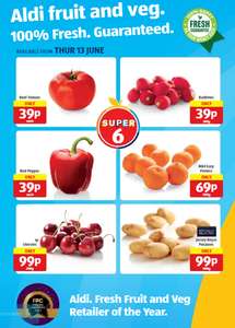 ALDI super 6 from 13/06/24 Beef Tomato Radishes 39p Red Pepper 39p Easy Peelers Cherries 99p Jersey Royal Potatoes 99p