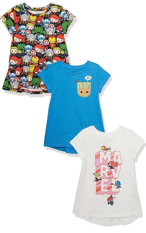 Amazon Essentials Marvel Girls Short-Sleeve Tunic T-Shirts, Pack of 3, Age 9-10 Years - £6.63/ Star Wars age 11-12 £6.38 at Amazon