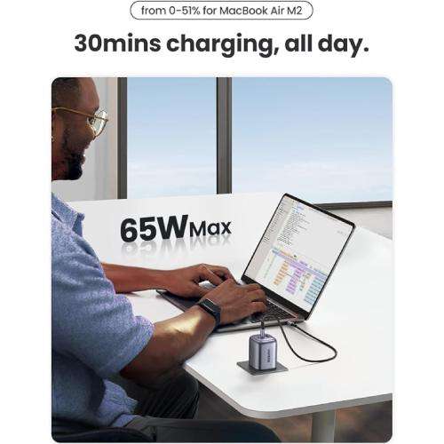 UGREEN USB C 65W For MacBook Nexode Foldable 3-Port GaN Fast Charger Plug with USB C Cable