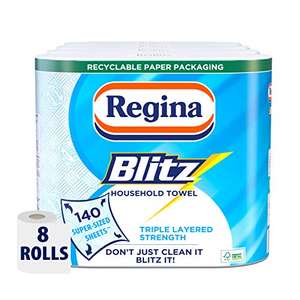 Regina Blitz Household Towel, 560 Super-Sized Sheets, Triple Layered Strength, 8 Rolls £9.75 w/10% voucher+15% S&S