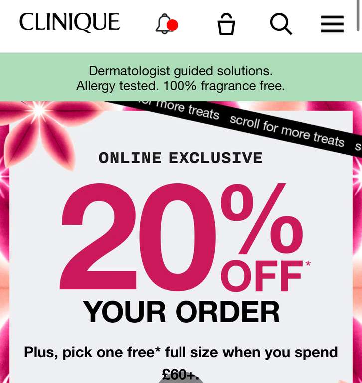 20% Off all Clinique Skincare & Make up orders + 1 free full size item on a £60 spend & free delivery