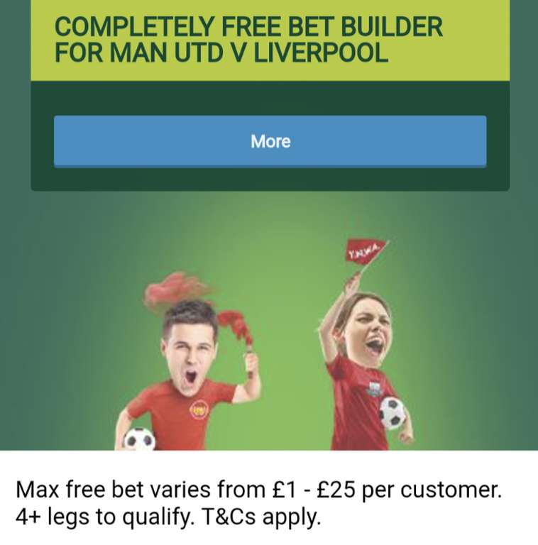 Free £1 - £25 bet builder Man Utd v Liverpool