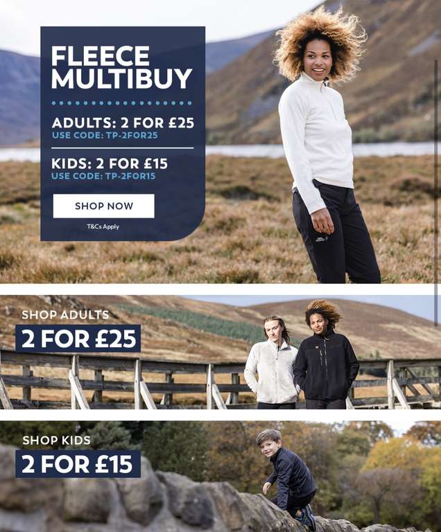Trespass fleece multibuy offer - 2 for £25 (adults) or 2 for £15 (kids) - free del over £50