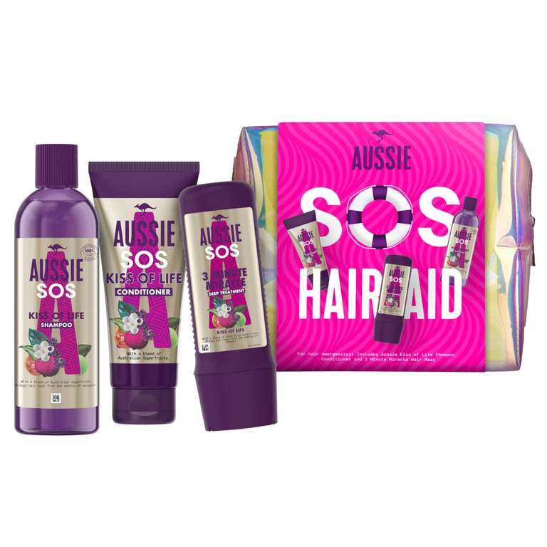 Aussie SOS Gift Bag, Kiss of Life Shampoo and Conditioner Set + 3 Minute Miracle Hair Mask, Hair Care Gift Set with Make Up Bag