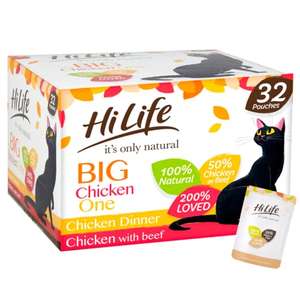 HiLife - Complete Wet Cat Food - The Big Chicken One in Jelly - 100% Natural Ingredients Grain Free, 32 Pouches x 70g (£14.36 S&S)
