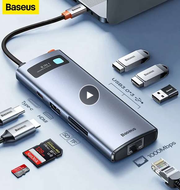 Baseus 4K 60Hz USB C Hub Type C to Ethernet Port PD 100W Adapter (£15.19 New user deal only) @ Factory Direct Collected Store