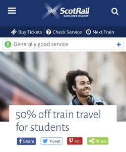 Scotrail off peak Train tickets half price for students with a valid student ID (Excluding Super Off-Peak Day Return tickets)