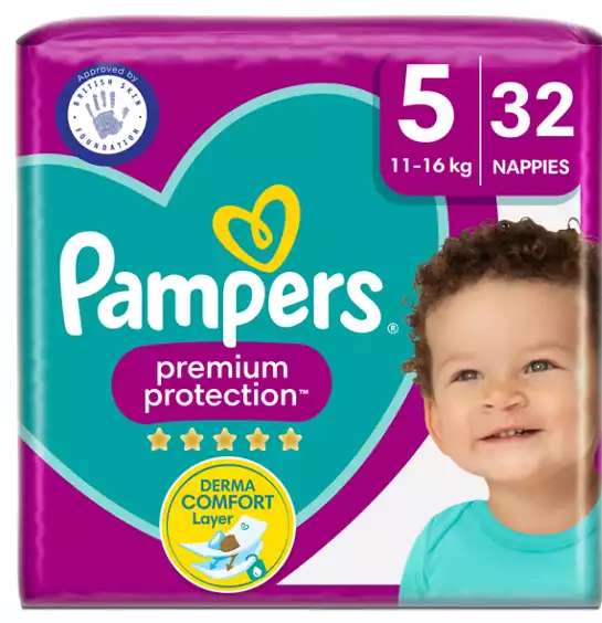 Pampers Premium Protection Size 6, 28 Nappies, 13kg+/Size 5, 32 Nappies, 11kg - 16kg, Essential Pack + £6.50 In Cashpot