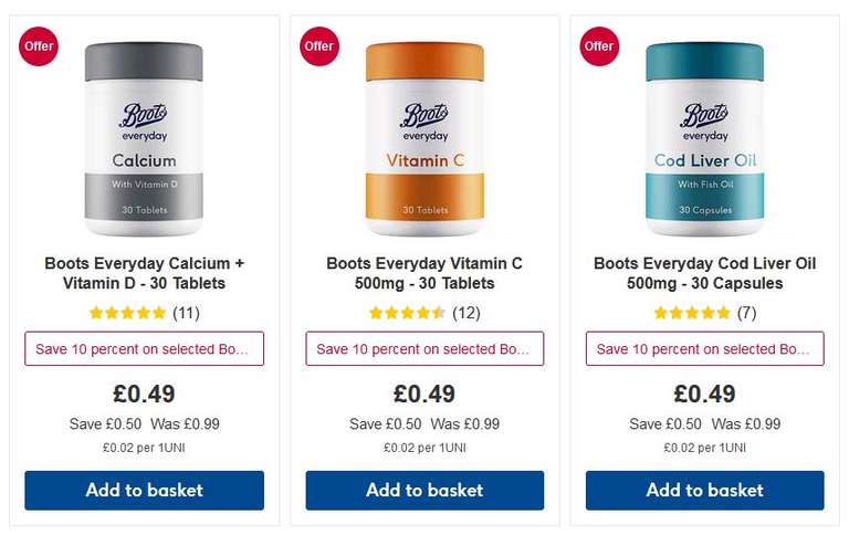 1/2 price on selected Boots Vitamins and Supplements (online only)- From 49p + £1.50 Click & Collect @ Boots