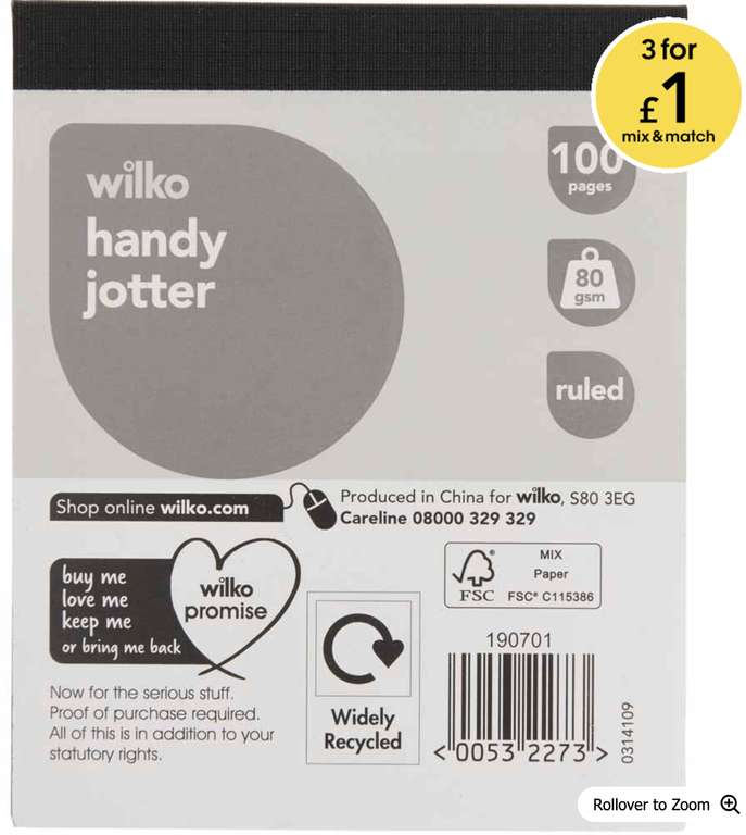 Wilko Handy Jotter Pad 100 pages 80gsm 50p or 3 for £1 Free Click & Collect @ Wilko