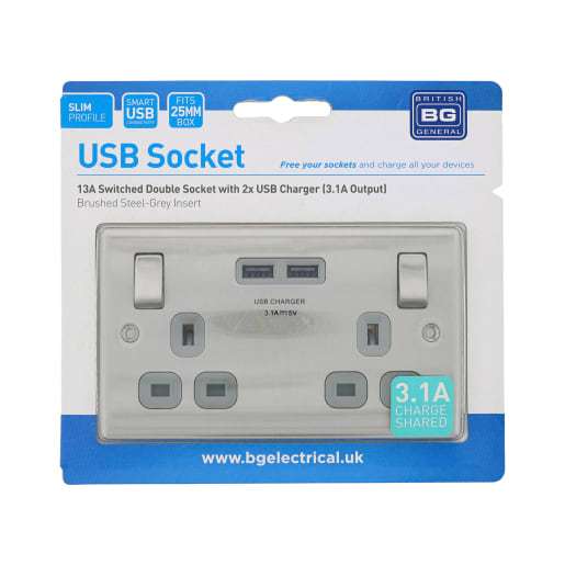 BG Electrical Steel 13A 2 Gang Switch Socket USB Grey £6 free collection @ Jewson