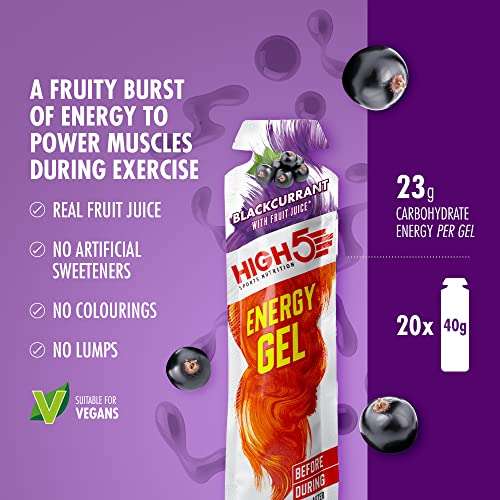 HIGH5 Energy Gel Quick Release Energy On The Go From Natural Fruit Juice (Blackcurrant, 20 x 40g) £9.35 or £8.42 Subscribe & Save @ Amazon