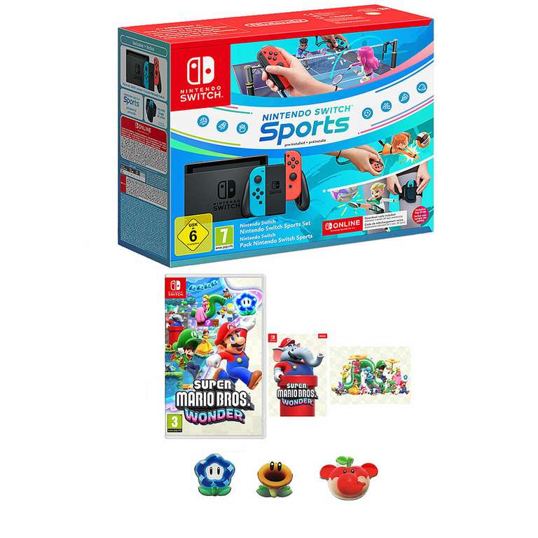 Nintendo Switch + Switch Sports + Super Mario Wonder + 3 Months Nintendo Membership + Mario Badge Set and Poster