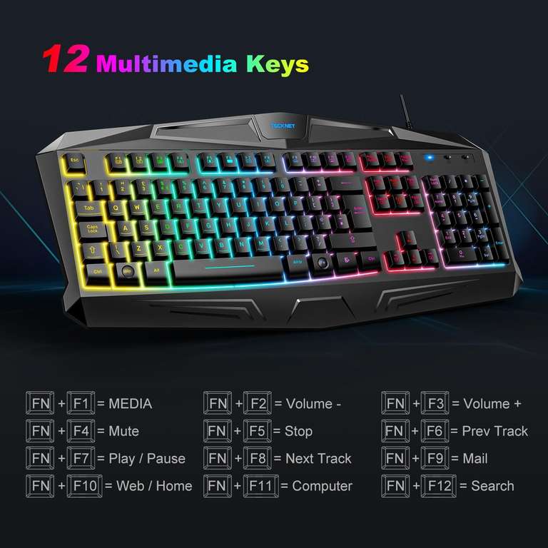 TECKNET Gaming Keyboard, Rainbow LED Backlit Mechanical Feeling USB Wired Gaming Keyboard W/voucher - TECKNET FBA