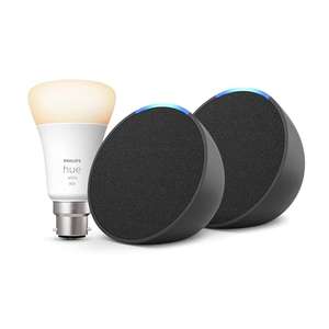Echo Pop | Charcoal, 2-pack + Philips Hue White Smart Light Bulb LED (B22), Works with Alexa - Smart Home Starter Kit