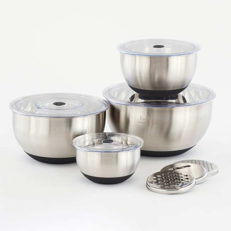 MIU Stainless Steel Mixing Bowls 11 Piece Set - Includes: 4 bowls, 4 lids and 3 grater attachments